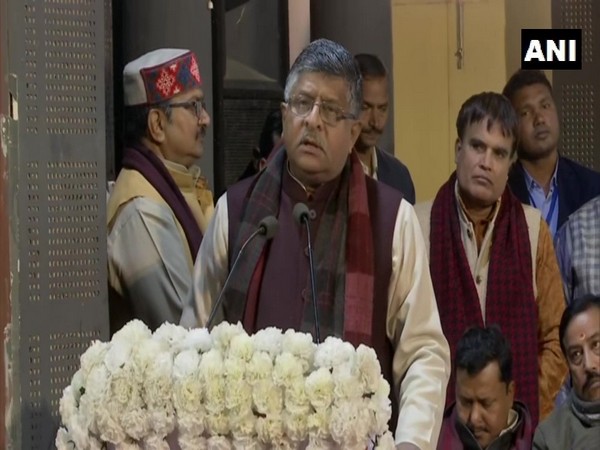 Ravi Shankar Prasad addressing the gathering in Patna on Sunday. 