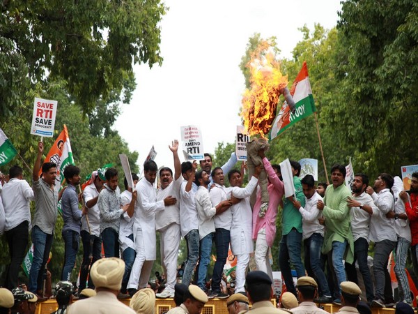 Youth Congress workers protesting against RTI (Amendment) Bill, 2019 on Saturday in New Delhi. Photo/ANI 