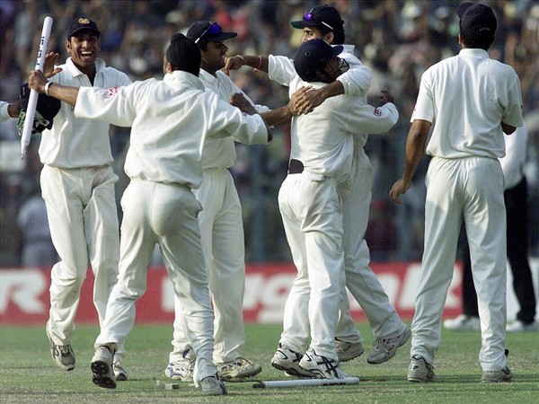 Indian players celebrate after winning the second Test against Australia in 2001 