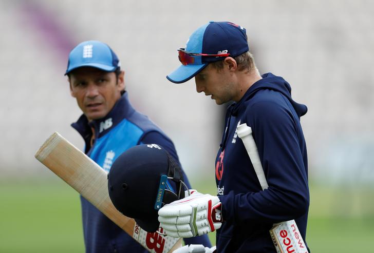 England's Test captain Eoin Morgan with batting coach Mark Ramprakash
