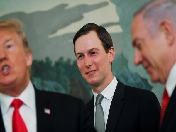 Trump's advisor and his son-in-law Jared Kushner flanked by US President Donald Trump and Israel President Benjamin Netanyahu