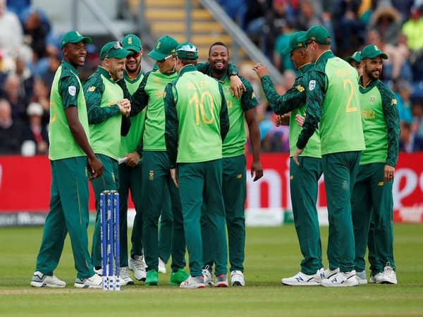 South Africa team celebrating after taking wicket of Afghanistan's Hashmatullah Shahidi on Saturday.