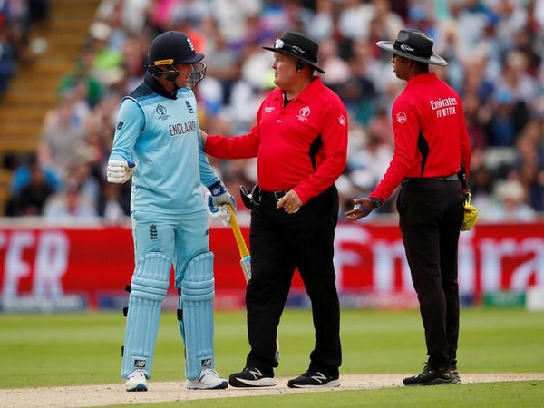 England batsman Jason Roy with on-field umpires during semi-final match against Australia at Edgbaston on Thursday. 