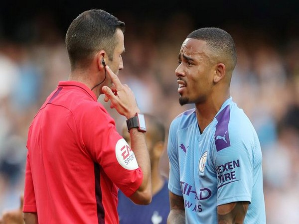 Manchester City's Gabriel Jesus remonstrating with referee Michael Oliver after the match against Tottenham