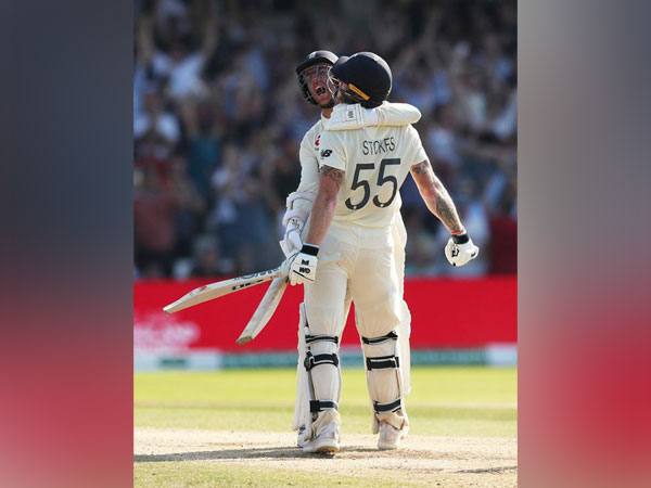 England's Ben Stokes and Jack Leach celebrating after winning the third test against Australia 