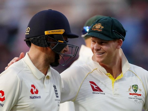 England's Jack Leach and Australia's Steve Smith after the close of play on day one