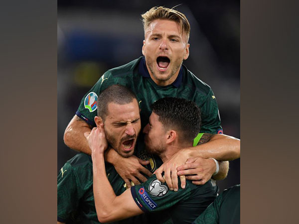 Italy's Jorginho celebrates scoring the first goal against Norway 