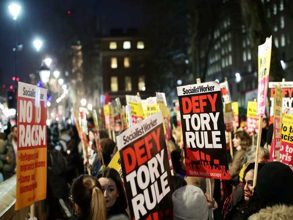 Protesters demonstrate at Downing Street following the result of the general election in London, Britain