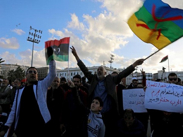 Libyan protesters shout slogans during a demonstration to demand an end to Khalifa Haftar's offensive against Tripoli