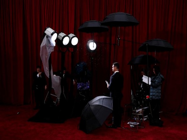 Rain pours down at the Dolby Theatre in Los Angeles.