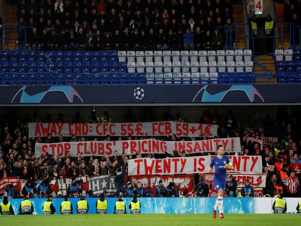 Bayern Munich fans protesting at Stamford Bridge on Tuesday. 