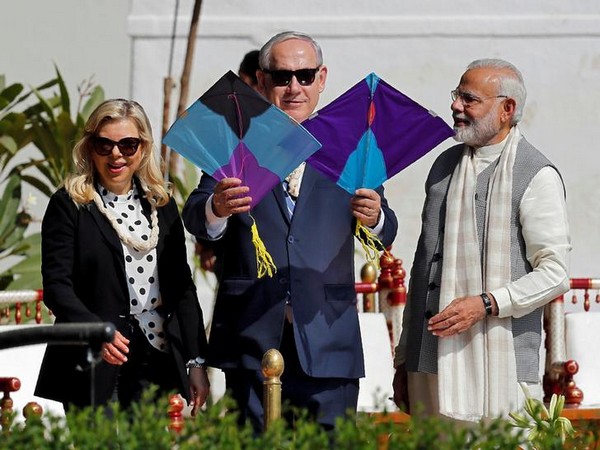  PM Narendra Modi with Israeli Prime Minister Benjamin Netanyahu and his wife Sara during their visit to Gandhi Ashram in Ahmedabad. Photo/ANI