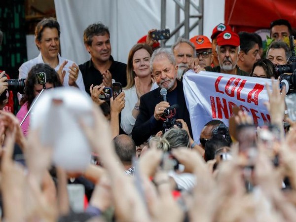 Former Brazilian President Luiz Inacio Lula da Silva delivers a speech after being released from prison, in Curitiba