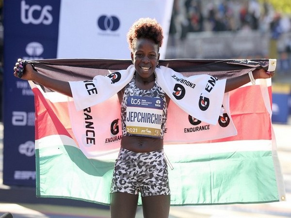 Peres Jepchirchir of Kenya celebrates after winning the women's race at the New York City Marathon