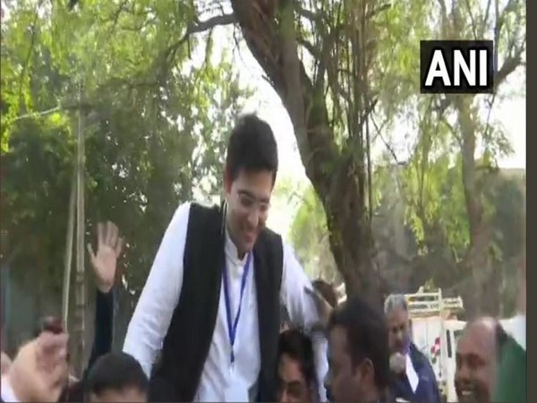 Raghav Chadha on Tuesday with party workers.