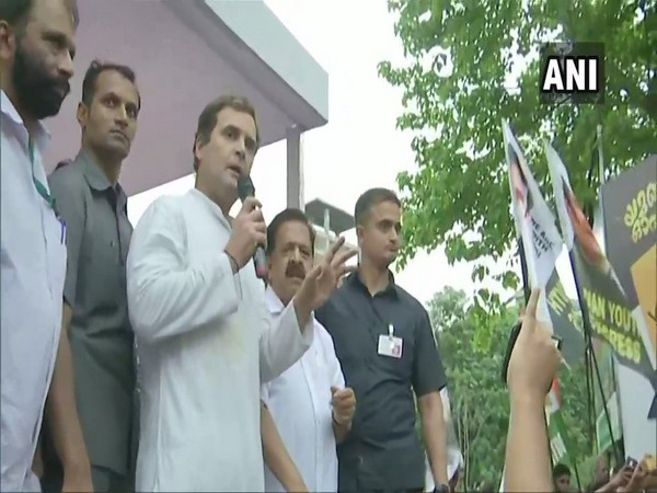Congress president Rahul Gandhi addressing people in Nilambur assembly constituency, Kerala on Friday.