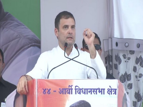 Congress MP Rahul Gandhi speaking at a public rally in Wardha on Tuesday. Photo/ANI