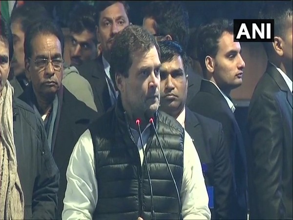 Congress MP Rahul Gandhi speaking at Rajghat, New Delhi on Monday. Photo/ANI