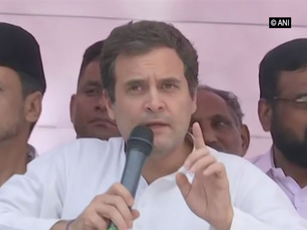Congress president Rahul Gandhi addressing people at Pulapally in Wayanad, Kerala, on Saturday. Photo/ANI