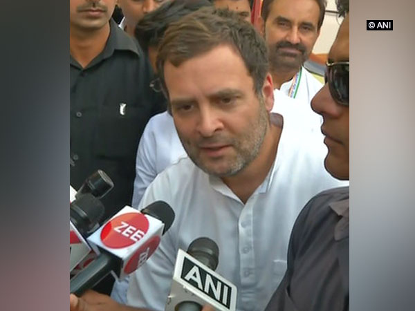 Congress president Rahul Gandhi speaking to reporters in Gandhinagar on Tuesday.
