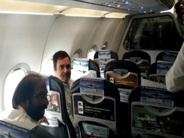 Congress MP Rahul Gandhi onboard the GoAir flight on Saturday. Photo/ANI
