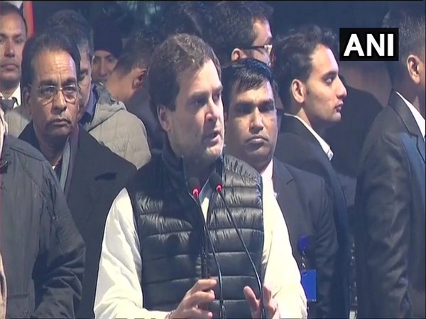 Congress leader Rahul Gandhi addressing a gathering at Rajghat on Monday.