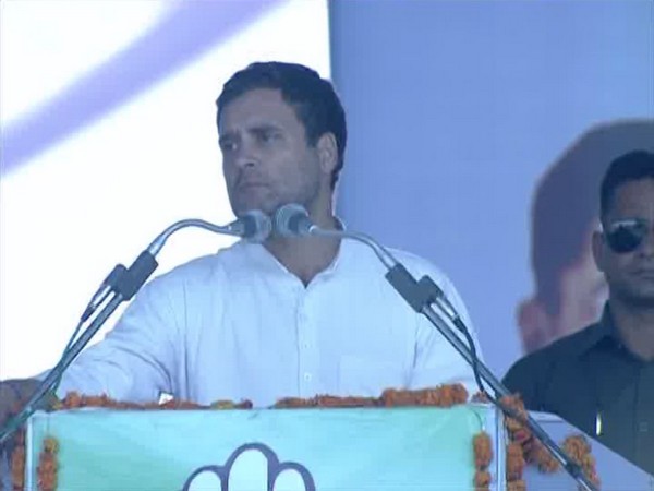 Congress president Rahul Gandhi speaking at an election rally in Bharatpur on Friday (Photo/ANI)