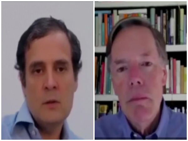 Former US Diplomat Nicholas Burns and Congress leader Rahul Gandhi during a video interaction.