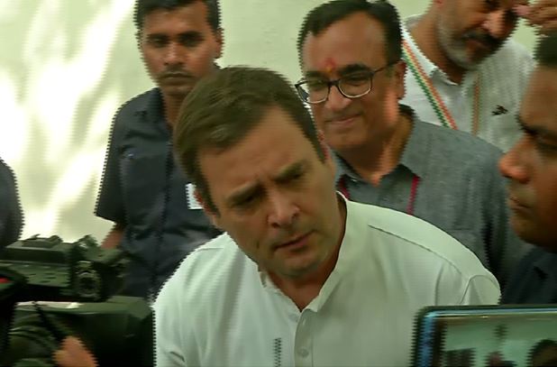 Congress president Rahul Gandhi speaking to the media after casting his vote in New Delhi on Sunday. (Photo/ANI)