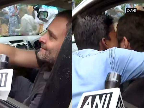 Rahul Gandhi was kissed by a supporter while interacting with media persons on Wednesday in Wayanad. Photo/ANI