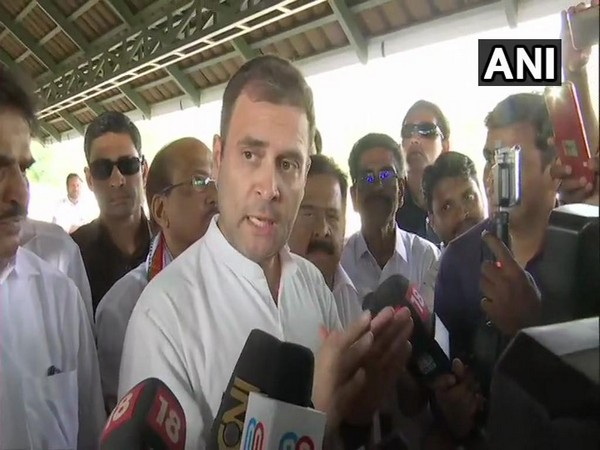 Congress president Rahul Gandhi speaking to reporters in Wayanad on Thursday.