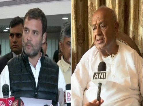 Congress President Rahul Gandhi (L), former Prime Minister and JDS leader HD Deve Gowda.