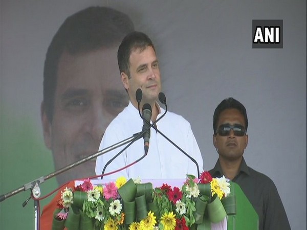 Congress president Rahul Gandhi speaking at a public rally in Assam on Wednesday.