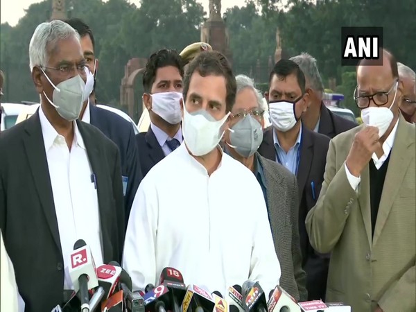 Congress leader Rahul Gandhi speaking to the media in New Delhi today.