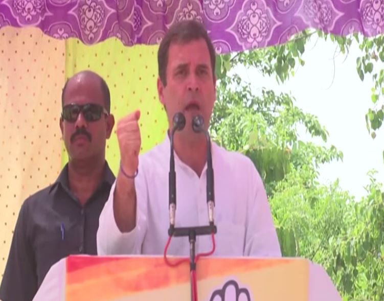 Congress president Rahul Gandhi addressing an election rally in Sultanpur on Saturday