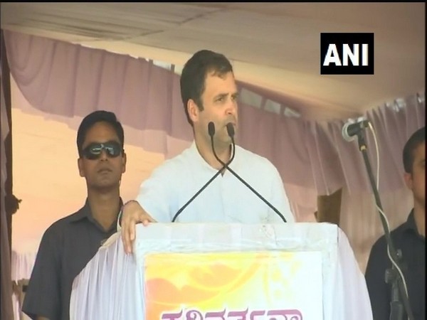 Congress president Rahul Gandhi while addressing a rally at Haveri in Karnataka on Saturday. Photo/ANI