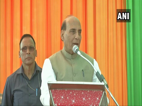 Defence Minister Rajnath Singh addressing a public gathering in Pataudi, Haryana on Sunday. Photo/ANI