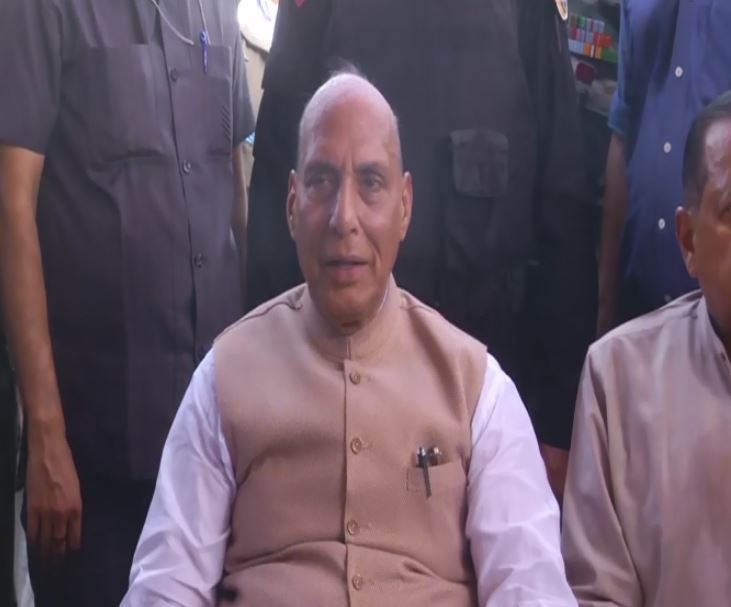 Defence Minister Rajnath Singh addressing a press conference in Kathua, Jammu Kashmir, on Saturday. Photo/ANI