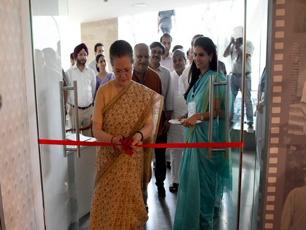 Congress interim president Sonia Gandhi inaugurating the 'Memories and Archives of Rajiv Gandhi' exhibition on Tuesday in New Delhi . Photo/ANI