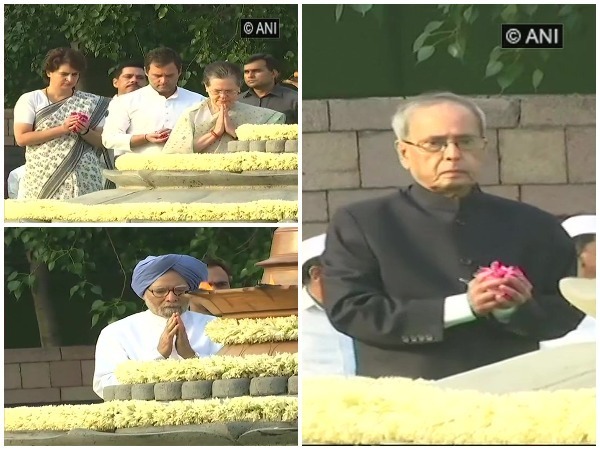 Top Congress leaders paying their respects to former prime minister Rajiv Gandhi at Veer Bhumi in New Delhi on Tuesday.