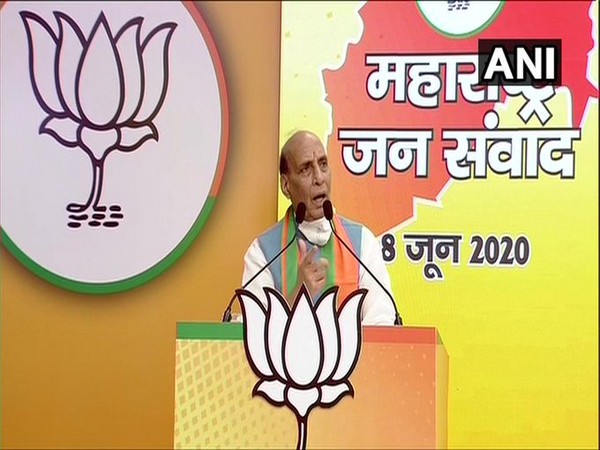 Defence Minister Rajnath Singh speaking at 'Maharashtra Jan-Samvad rally' on Monday. Photo/ANI