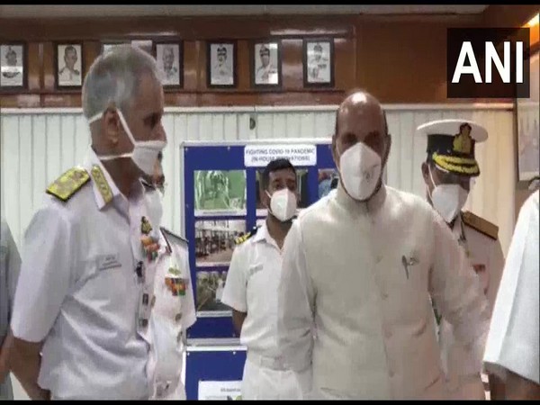 Defence Minister Rajnath Singh at Naval headquarters, Sena Bhavan on Wednesday. [Photo/ANI]