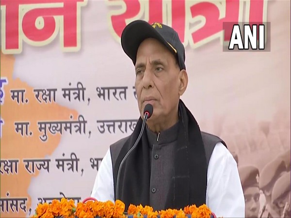 Defence Minister Rajnath Singh addressing  Shaheed Samman Yatra in Uttarakhand. (Photo/ ANI)