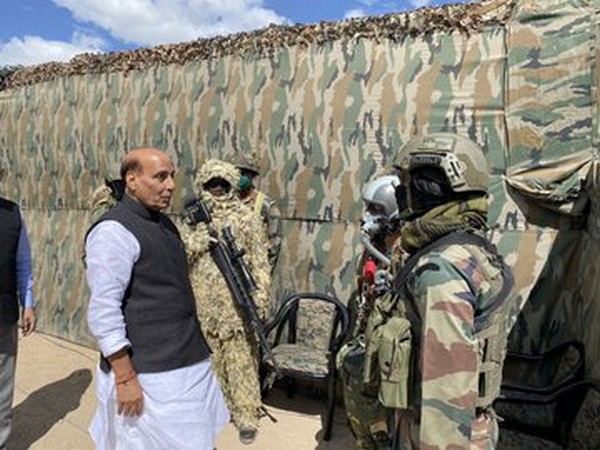 Defence Minister Rajnath Singh interacting with soldiers at Stakna near Leh on Friday. Photo/ANI