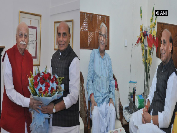Defence Minister Rajnath Singh on left meeting with senior BJP leader Lal Krishna Advani and on right meeting with Murli Manohar Joshi in New Delhi on Sunday.