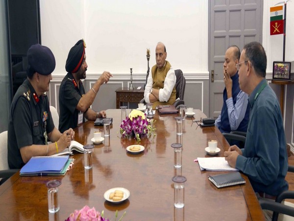 Defence Minister Rajnath Singh meeting with BRO DG Lieutenant General Harpal Singh in New Delhi on Wednesday.