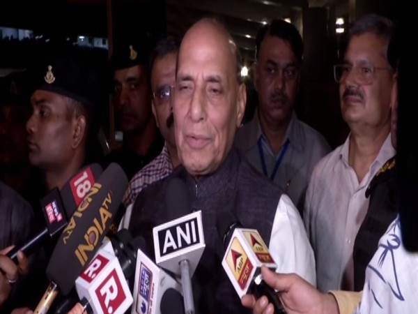 Defence Minister Rajnath Singh talking to reporters on Thursday. Photo/ANI