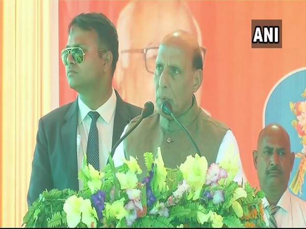 Union Home Minister Rajnath Singh while addressing a public gathering at Unnao, Uttar Pradesh, on Sunday. Photo/ANI