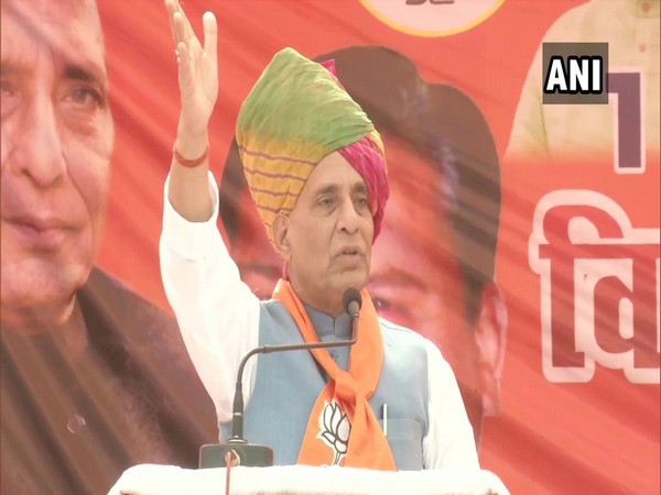 Defence Minister Rajnath Singh addressing a rally in Haryana's Bhiwani on Thursday. Photo/ANI