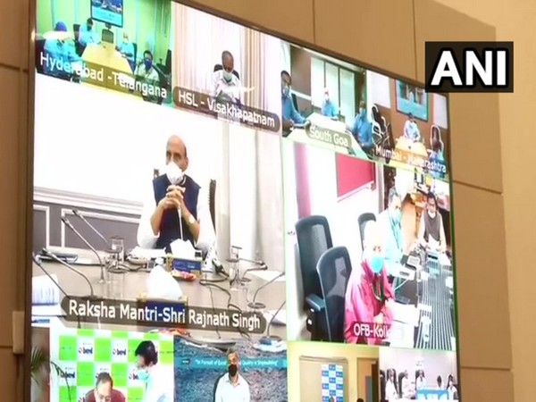 Defence Minister Rajnath Singh is interacting with the heads of Defence Public Sector Units and Ordnance Factory Board via video conferencing on Tuesday. Photo/ANI
